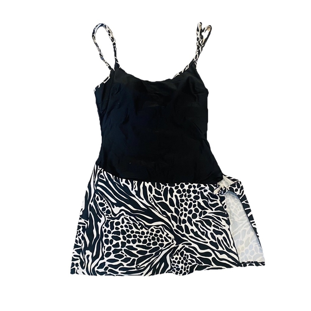 Christina One Piece Wrap Skirt‎ Swimsuit Black & White Safari Animal Print 10